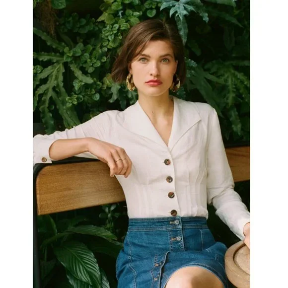 Anthropologie Maeve Linen Delia Tailored Blouse Pleated Button Down Blazer Shirt - Picture 8 of 8